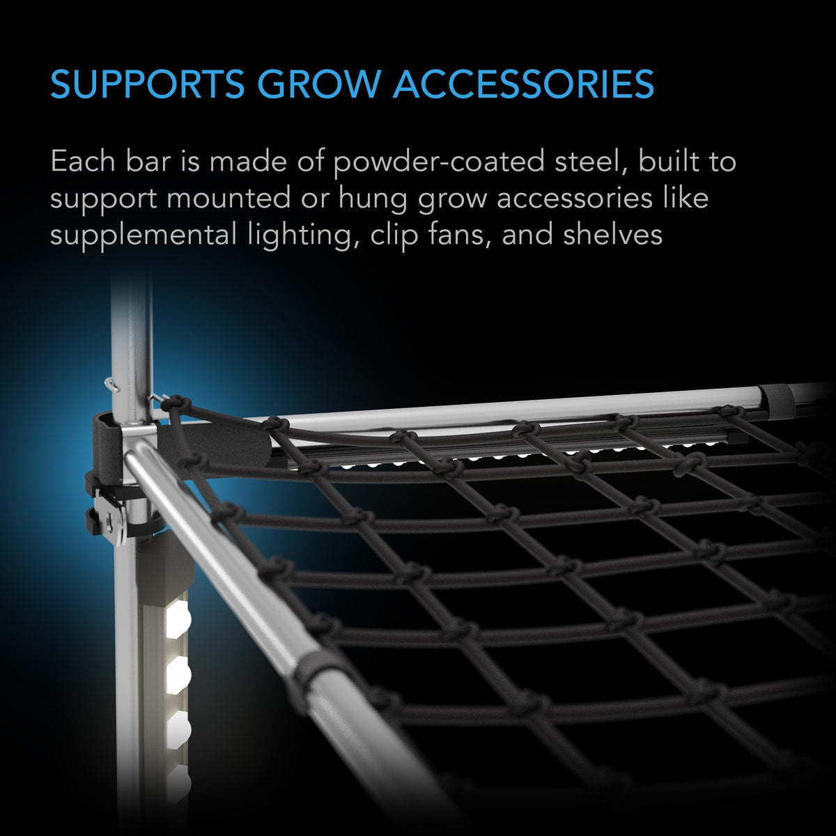 AC Infinity Grow Tent Mounting Bars carrying a trellis net and an LED light bar on a tent upright