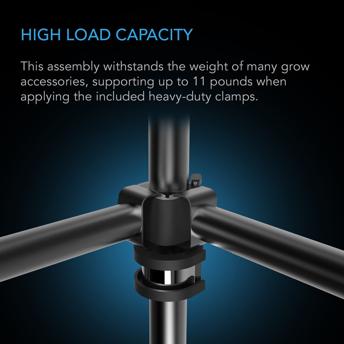 AC Infinity Grow Tent Mounting Bars close-up of a corner joint reinforced with the heavy-duty support clamp