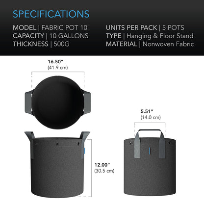 AC Infinity Heavy Duty Fabric Pots 10 gallon dimensions: 41.9 cm wide, 30.5 cm high