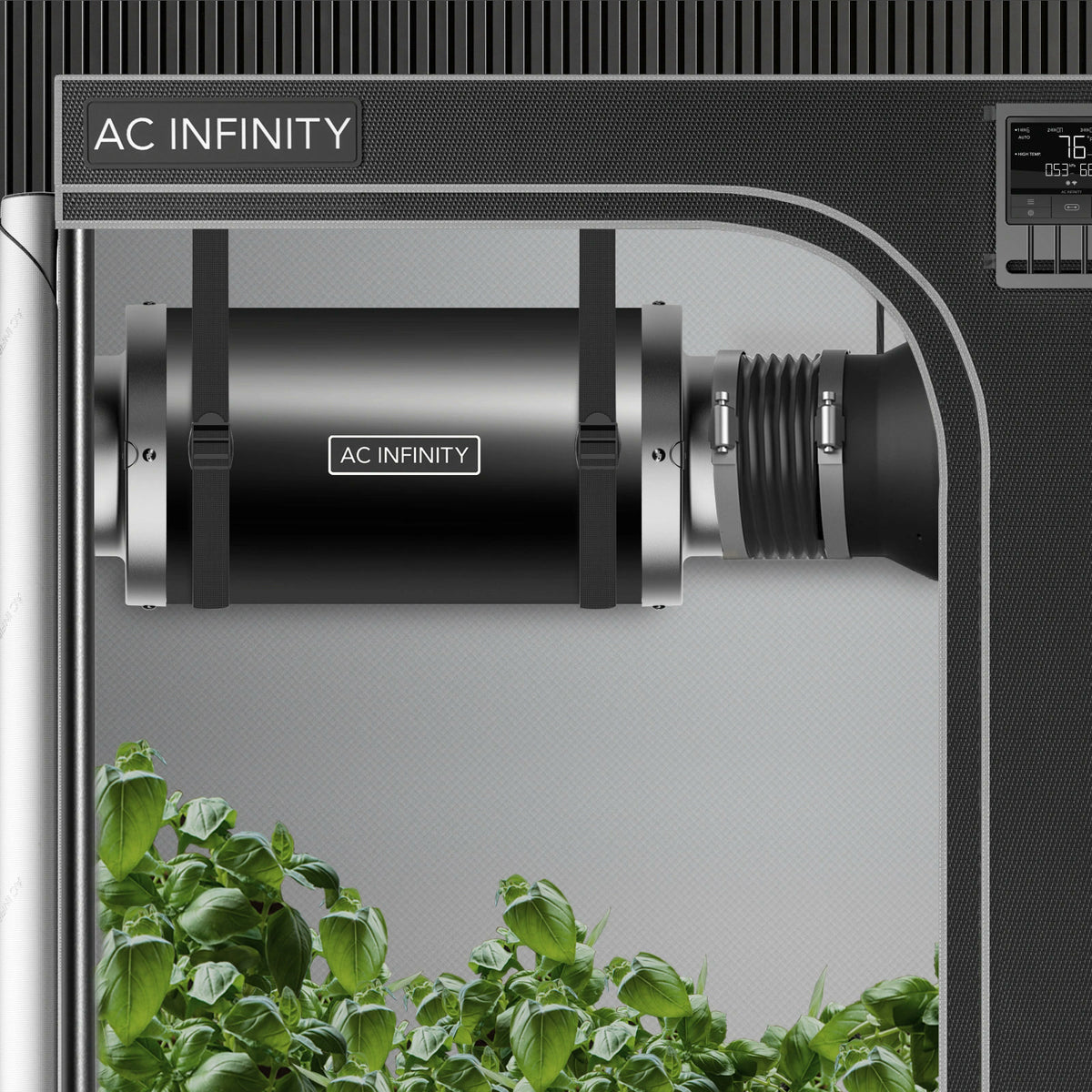 AC Infinity Inline Duct Fan Silencer hung inside a grow tent and connected to flexible ducting