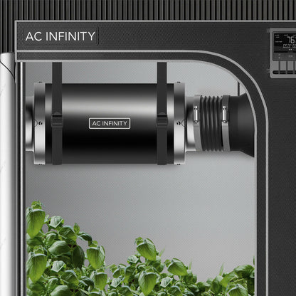 AC Infinity Inline Duct Fan Silencer hung inside a grow tent and connected to flexible ducting