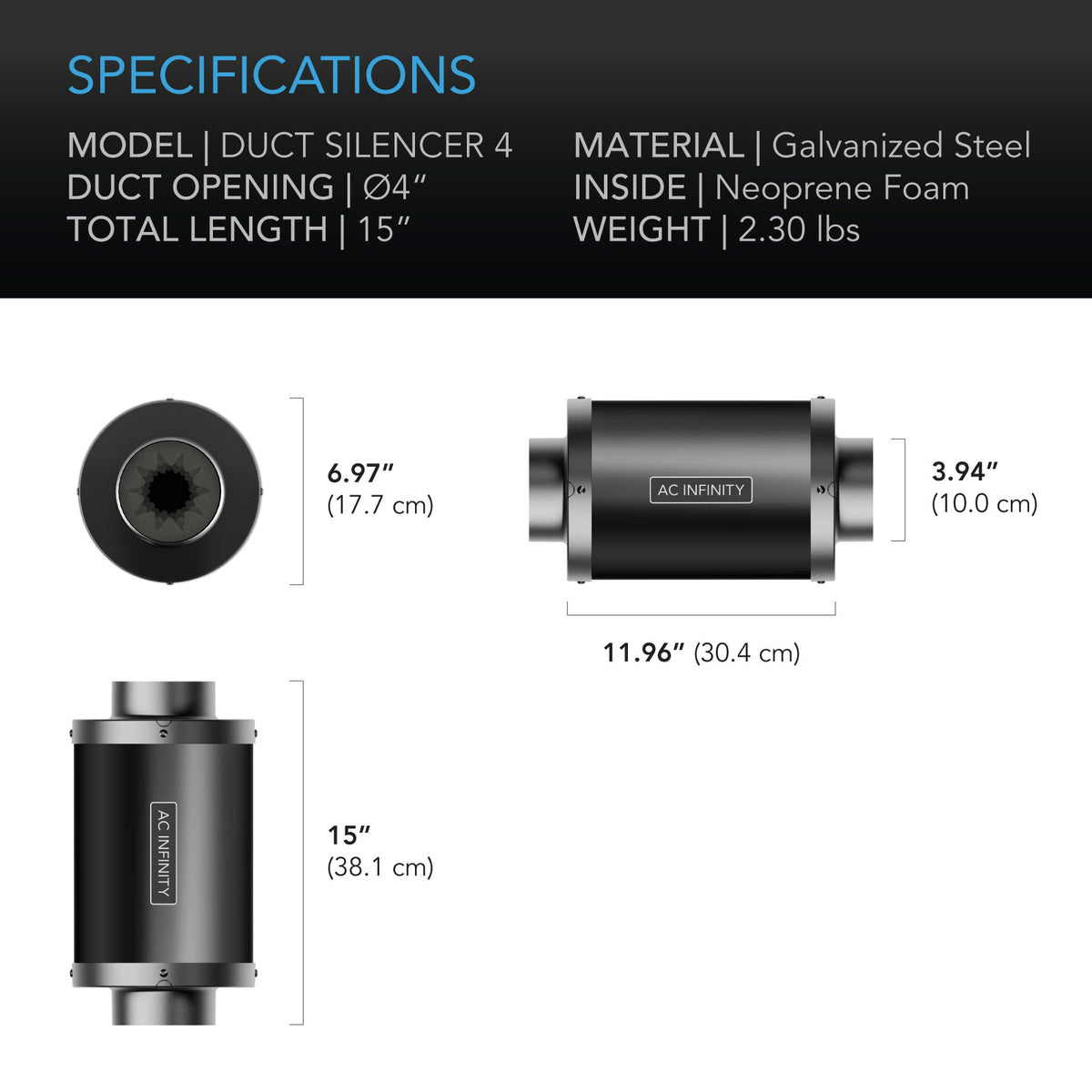 AC Infinity Inline Duct Fan Silencer 100mm (4 in) dimension diagram