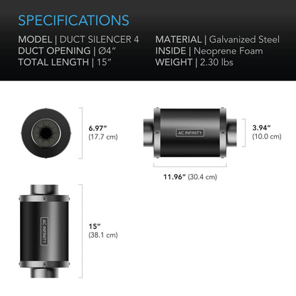 AC Infinity Inline Duct Fan Silencer 100mm (4 in) dimension diagram