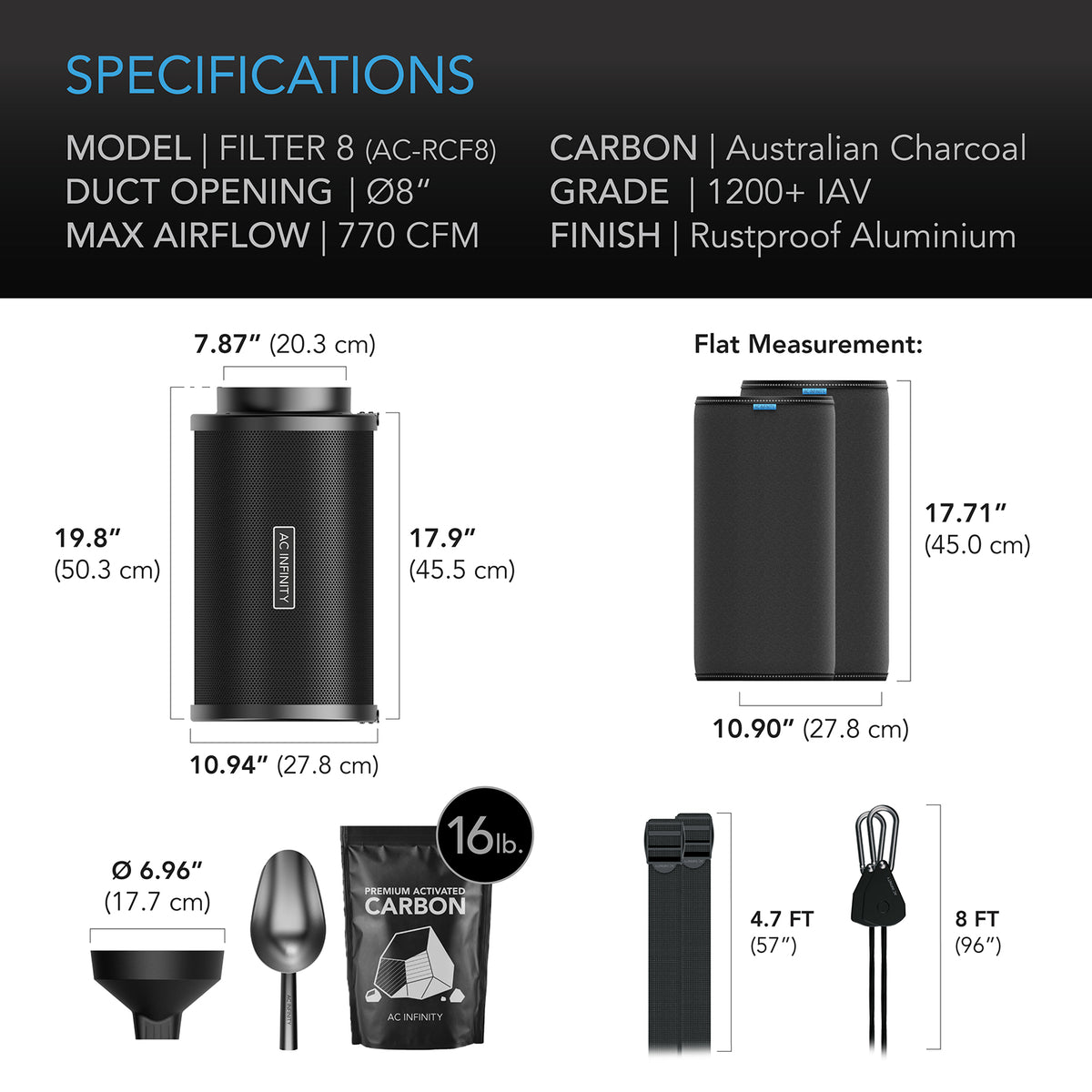 AC Infinity Refillable Carbon Filter Kit 200mm (8 in) dimensions with funnel, scoop, refill, pre-filter and hangers