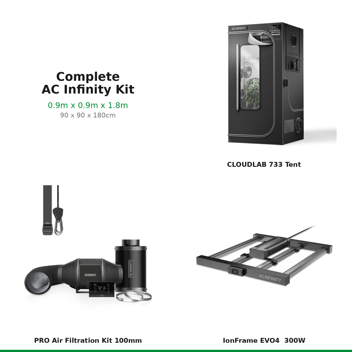 What's included — AC Infinity complete grow tent kit 0.9m x 0.9m x 1.8m (90 x 90 x 180cm): CLOUDLAB 733 tent, 100mm PRO Air Filtration Kit, IonFrame EVO4 LED