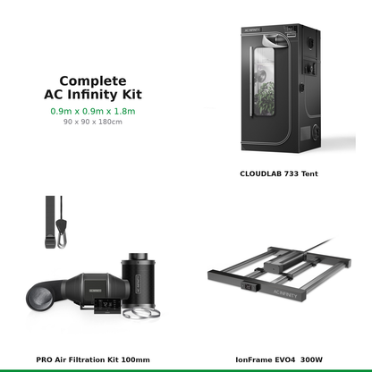 What's included — AC Infinity complete grow tent kit 0.9m x 0.9m x 1.8m (90 x 90 x 180cm): CLOUDLAB 733 tent, 100mm PRO Air Filtration Kit, IonFrame EVO4 LED