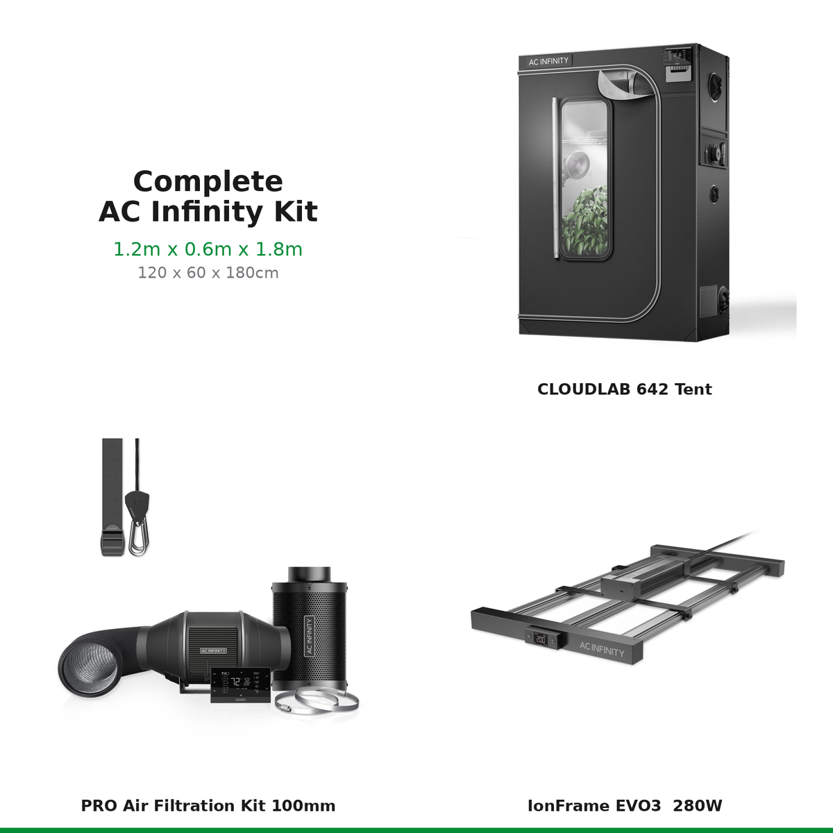 What's included — AC Infinity complete grow tent kit 1.2m x 0.6m x 1.8m (120 x 60 x 180cm): CLOUDLAB 642 tent, 100mm PRO Air Filtration Kit, IonFrame EVO3 LED