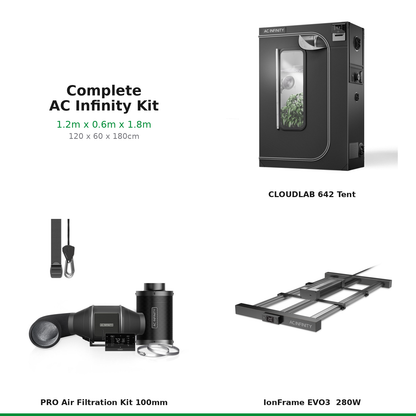 What's included — AC Infinity complete grow tent kit 1.2m x 0.6m x 1.8m (120 x 60 x 180cm): CLOUDLAB 642 tent, 100mm PRO Air Filtration Kit, IonFrame EVO3 LED