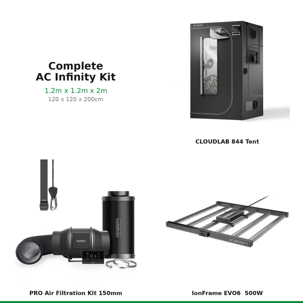 What's included — AC Infinity complete grow tent kit 1.2m x 1.2m x 2m (120 x 120 x 200cm): CLOUDLAB 844 tent, 150mm PRO Air Filtration Kit, IonFrame EVO6 LED
