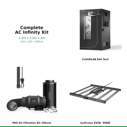 What's included — AC Infinity complete grow tent kit 1.2m x 1.2m x 2m (120 x 120 x 200cm): CLOUDLAB 844 tent, 150mm PRO Air Filtration Kit, IonFrame EVO6 LED