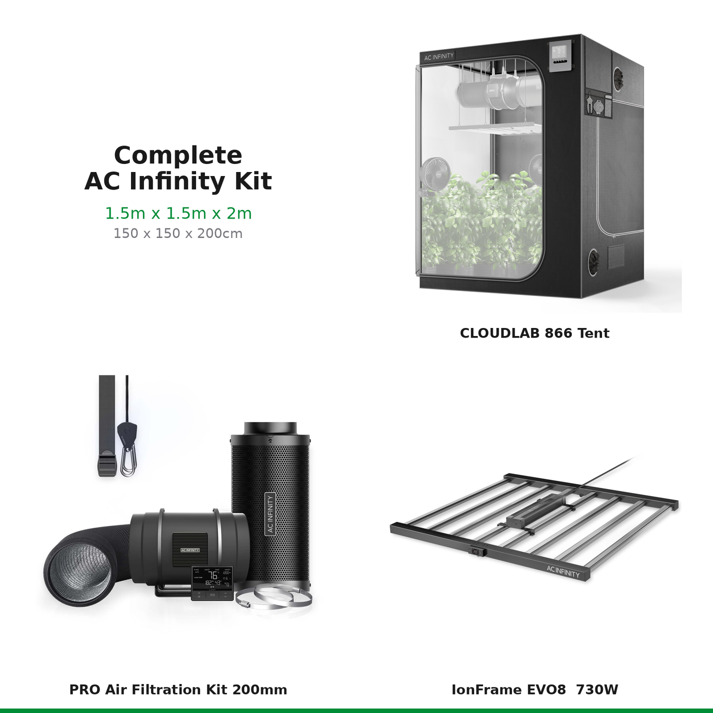 What's included — AC Infinity complete grow tent kit 1.5m x 1.5m x 2m (150 x 150 x 200cm): CLOUDLAB 866 tent, 200mm PRO Air Filtration Kit, IonFrame EVO8 LED