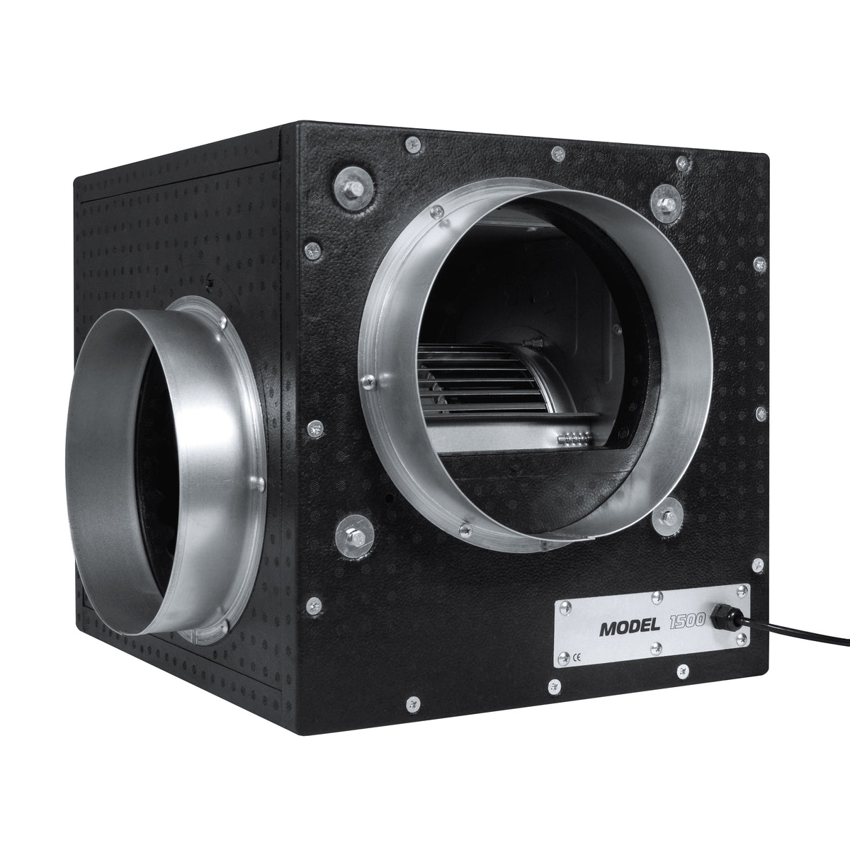 Acoustic Foam Box Fan — black EPP foam case with side inlet, front outlet and rating plate