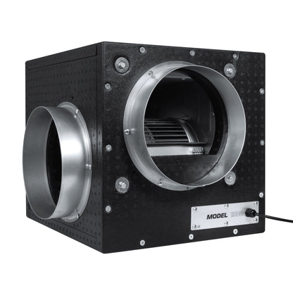 Acoustic Foam Box Fan — black EPP foam case with side inlet, front outlet and rating plate