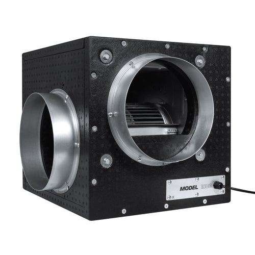 Acoustic Foam Box Fan — black EPP foam case with side inlet, front outlet and rating plate