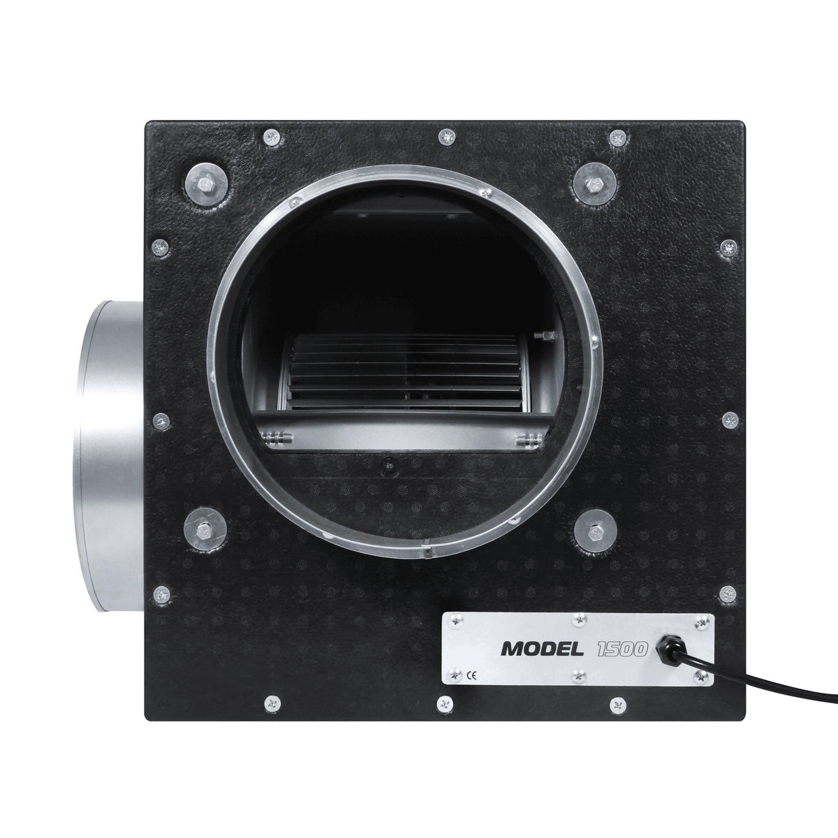 Acoustic Foam Box Fan — front view showing the centrifugal fan through the steel outlet spigot
