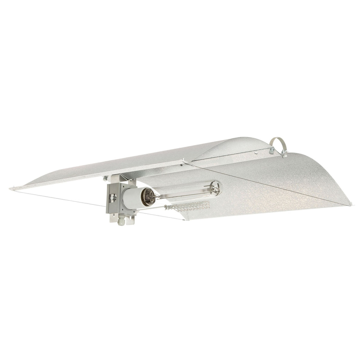 Adjust-A-Wing Avenger Reflector seen from the side with the E40 lamp holder and a lamp fitted