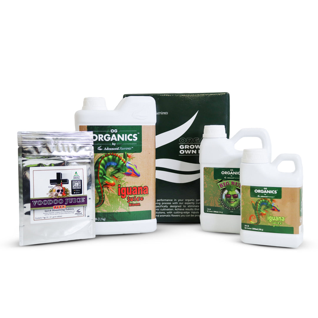 Advanced Nutrients Grow Your Own Kit - full contents grouped: Iguana Juice Bloom, Big Bud, Voodoo Juice Plus tablets and box
