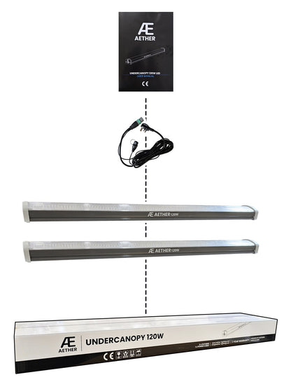 Aether Undercanopy 120W 2-Bar LED Kit — what's in the box: two fixtures, UK power cable and manual