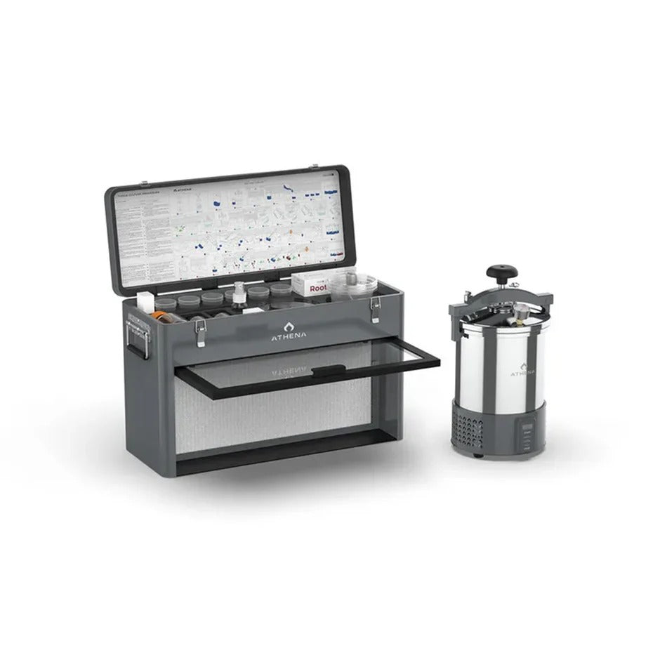 Athena Tissue Culture Kit – flow hood with toolbox open beside the autoclave