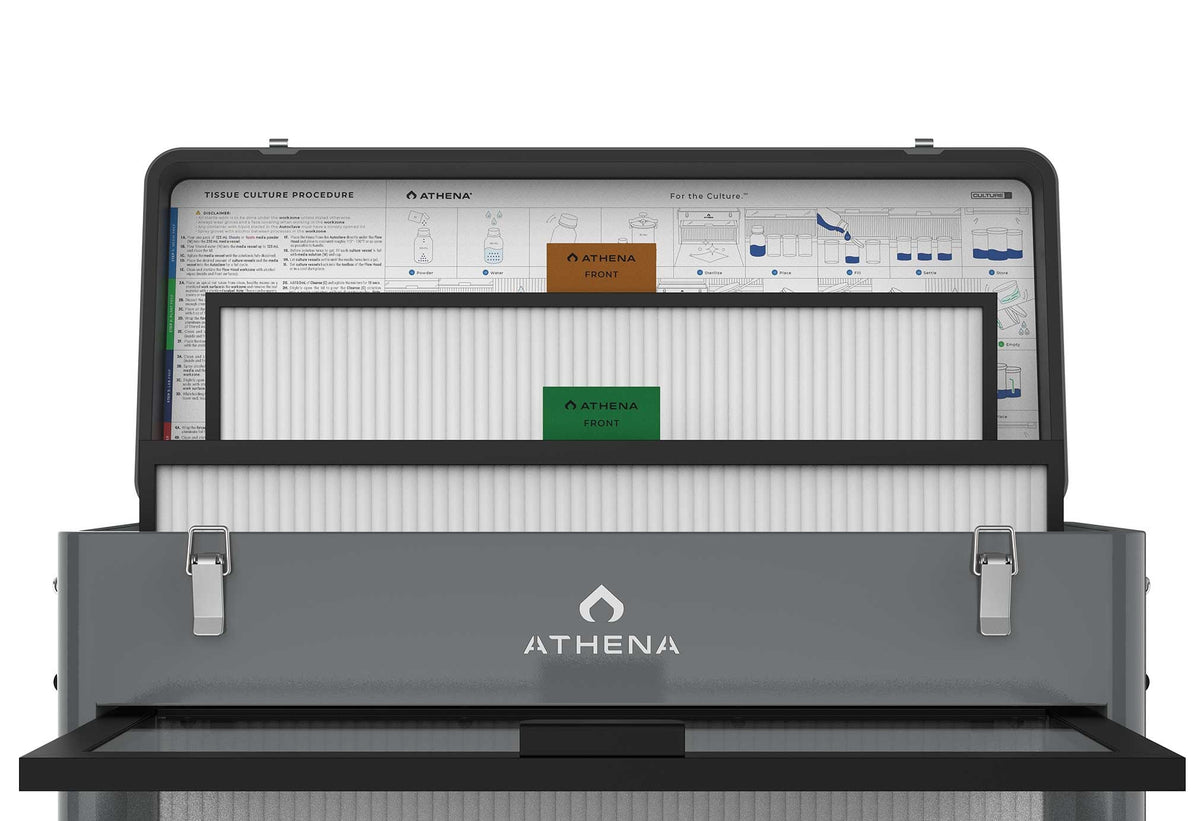 Athena Tissue Culture Kit flow hood front with the procedure in the lid