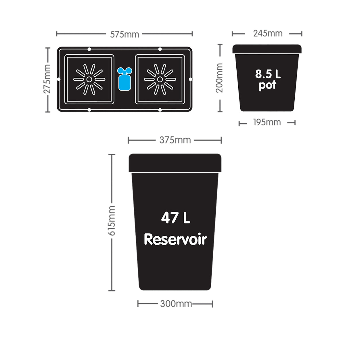 AutoPot easy2grow dimensions - 575 x 275 mm tray, 8.5L pot, 47L reservoir