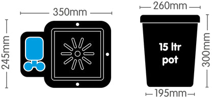AutoPot 1Pot Module dimensions - 350 x 245 mm tray, 15 litre pot