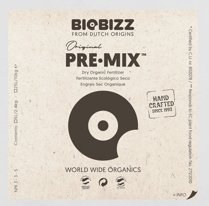 BioBizz Pre-Mix label close-up – dry organic fertiliser, NPK 3-3-5, Control Union certified