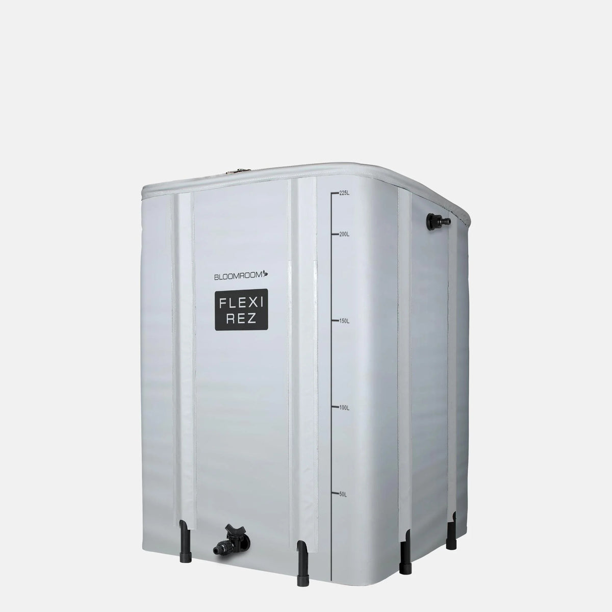Bloomroom Flexi Tank 225L, collapsible reservoir with the 225L fill line and zip top lid visible