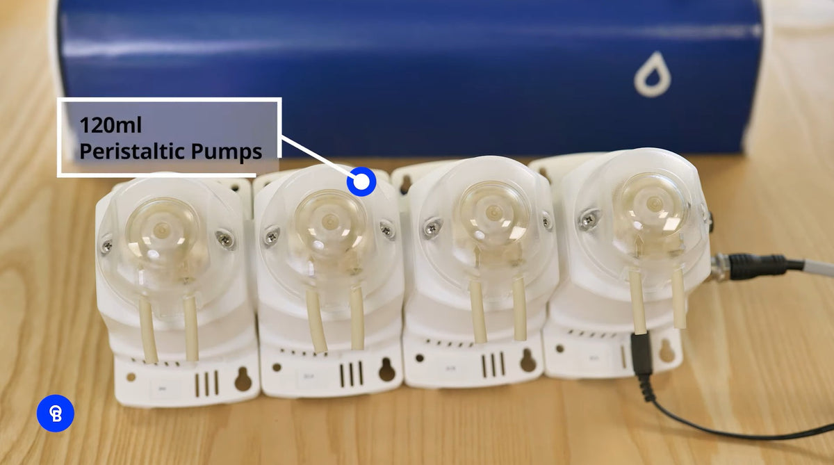 Bluelab PeriPod M4 showing its four 120 ml peristaltic pumps