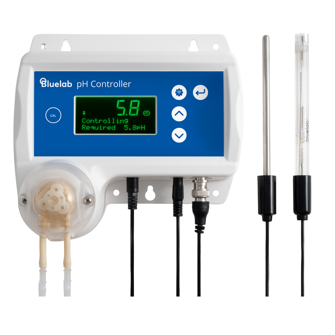 Bluelab pH Controller Wi-Fi front panel and peristaltic pump