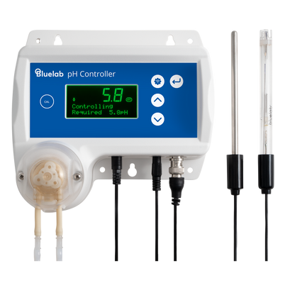 Bluelab pH Controller Wi-Fi front panel and peristaltic pump