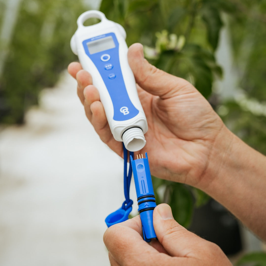 Bluelab pH PenPlus with its replaceable pH/temperature probe unscrewed for swapping