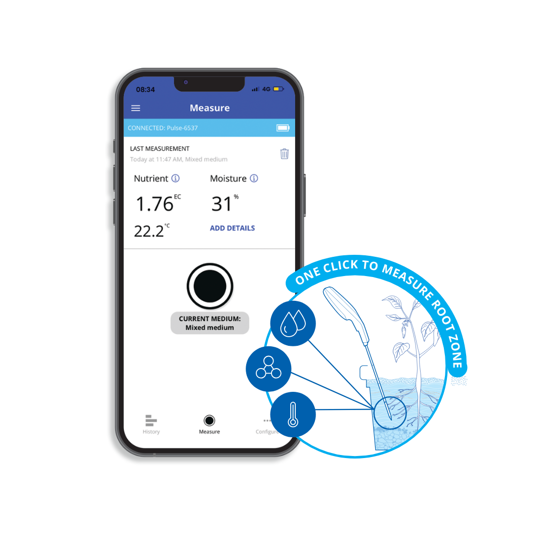 Bluelab Pulse app screen showing a nutrient and moisture reading
