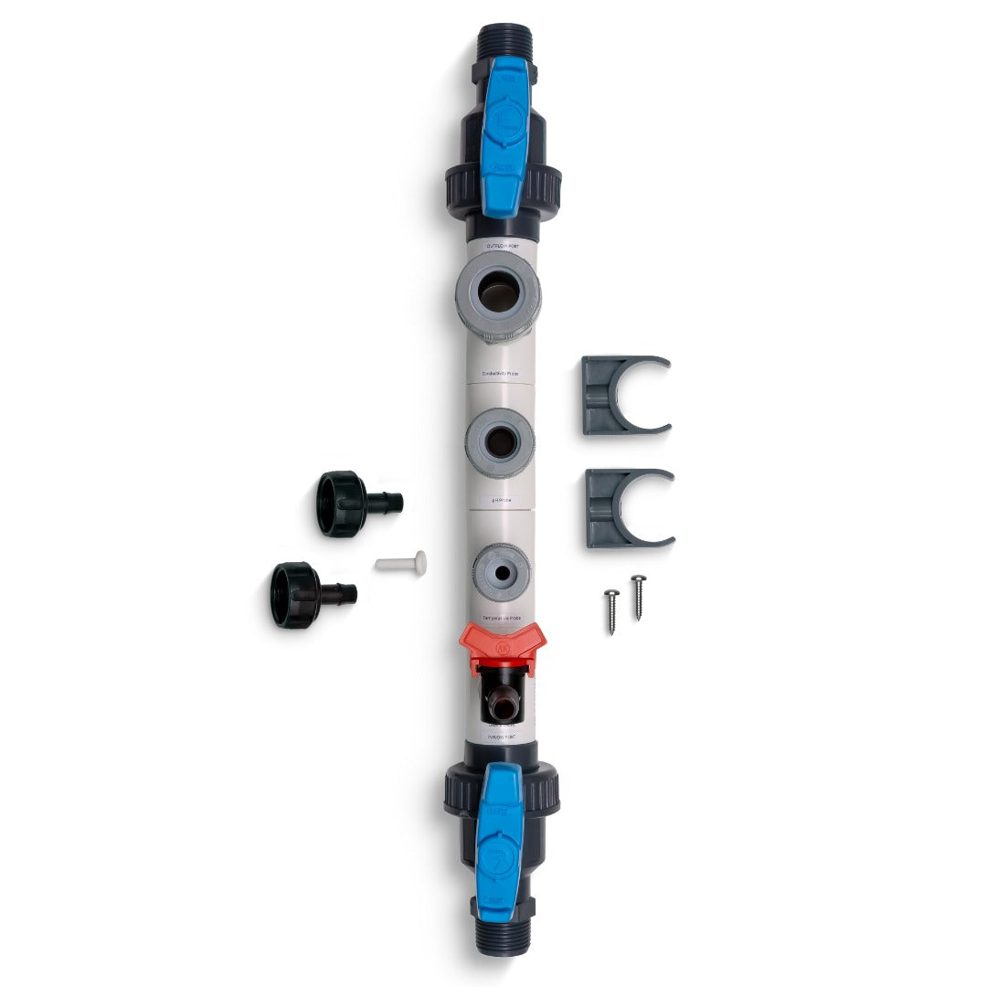 Bluelab Sample Tube and Fittings laid out with hose fittings, clips and screws