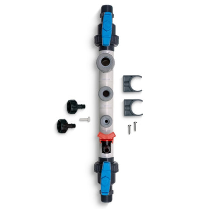 Bluelab Sample Tube and Fittings laid out with hose fittings, clips and screws