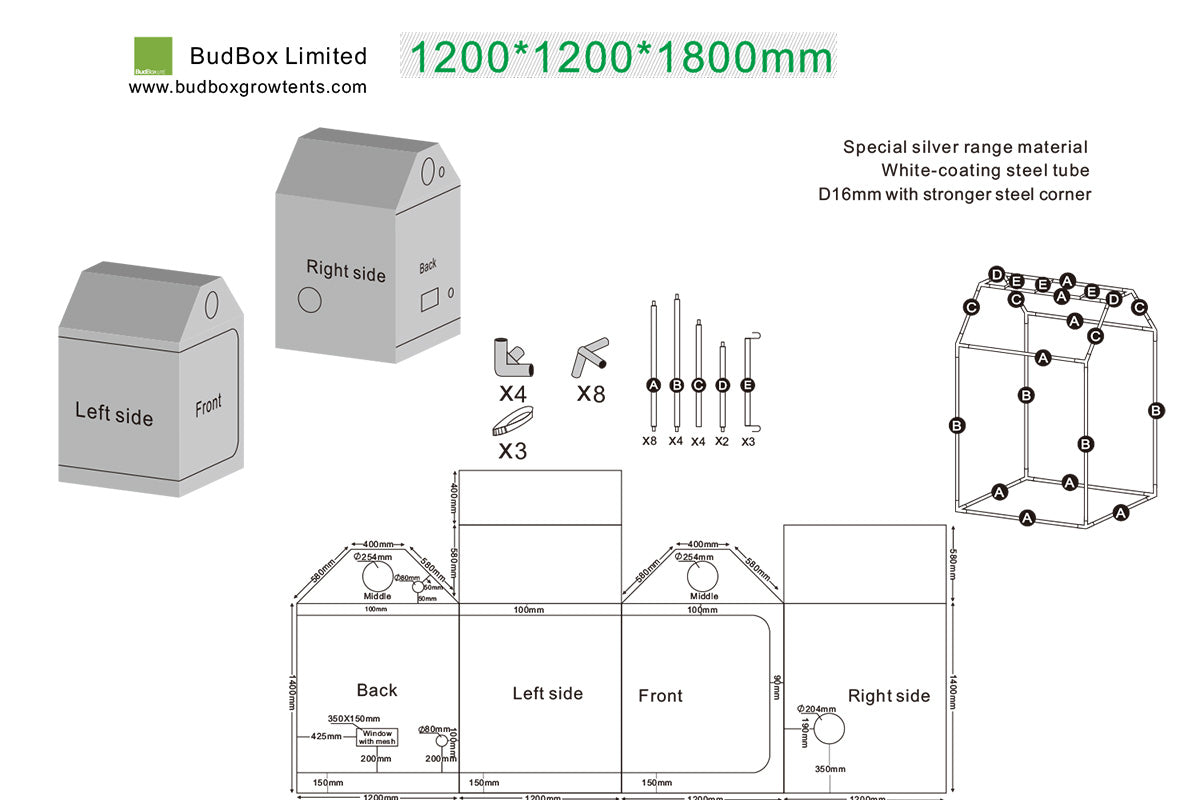 BudBox Lite Grow Tent — 120cm x 120cm x 180cm (Reinforced Roof)