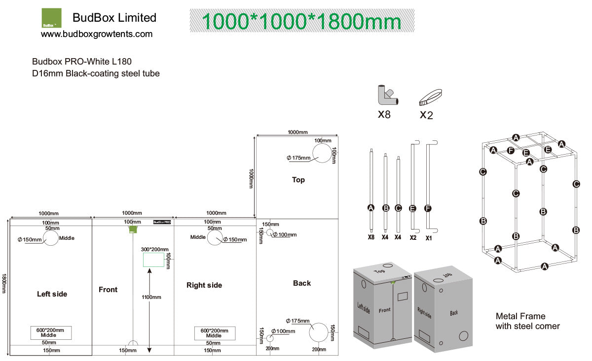 BudBox Pro Tent 100x100x180cm dimensioned schematic showing frame parts, port sizes and full external dimensions