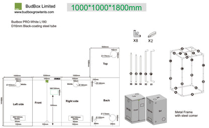 BudBox Pro Tent 100x100x180cm dimensioned schematic showing frame parts, port sizes and full external dimensions