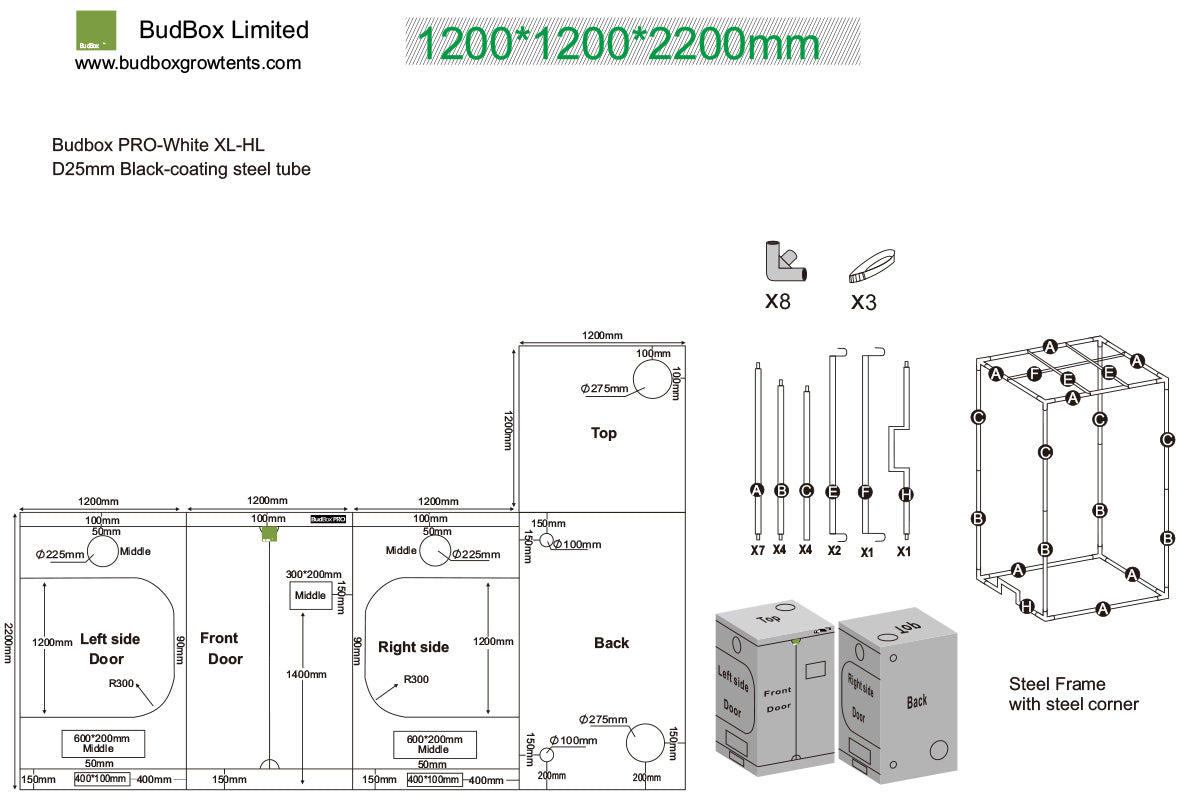 BudBox Pro Tent 120x120x220cm dimensioned schematic showing frame parts, port sizes and full external dimensions