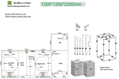 BudBox Pro Tent 120x120x220cm dimensioned schematic showing frame parts, port sizes and full external dimensions