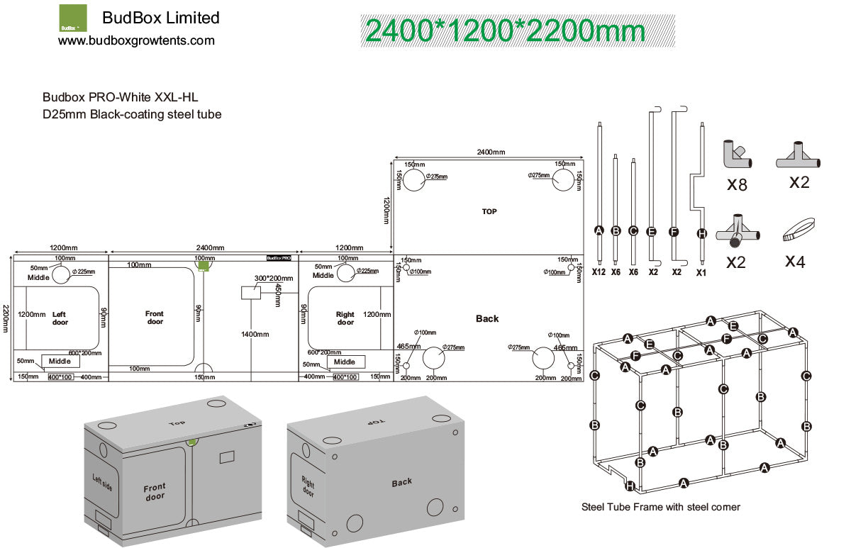 BudBox Pro Tent 120x240x220cm dimensioned schematic showing frame parts, port sizes and full external dimensions