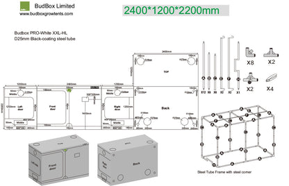 BudBox Pro Tent 120x240x220cm dimensioned schematic showing frame parts, port sizes and full external dimensions