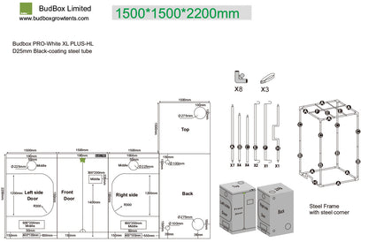 BudBox Pro Tent 150x150x220cm dimensioned schematic showing frame parts, port sizes and full external dimensions