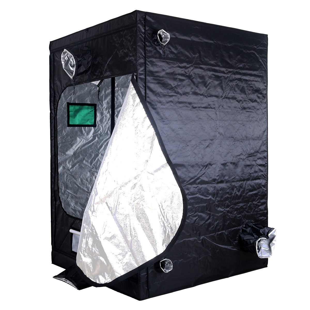 BudBox Pro Tent 150x150x220cm Silver with an access door open, showing the Mylar lining