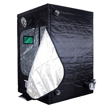 BudBox Pro Tent 150x150x220cm Silver with an access door open, showing the Mylar lining