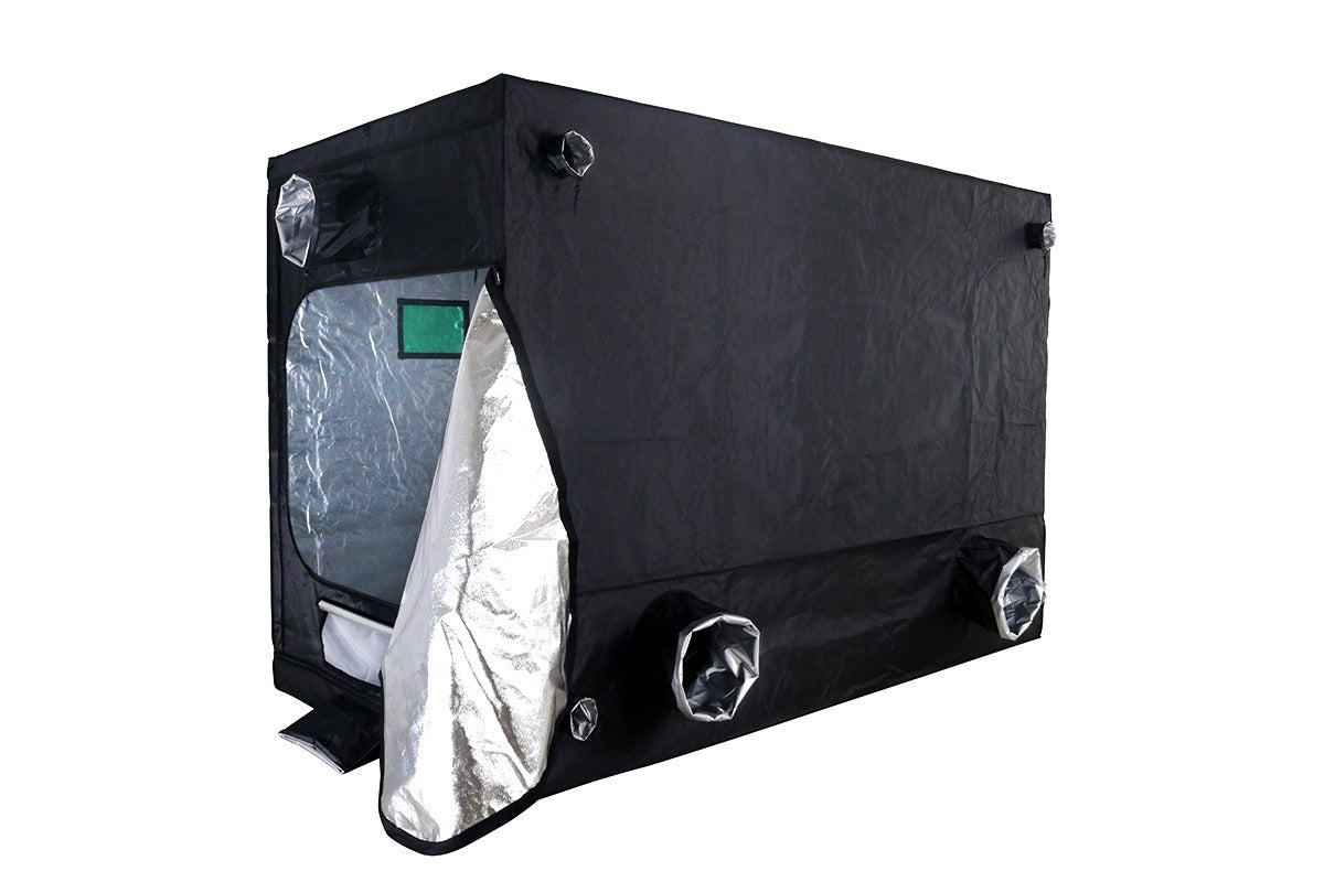 BudBox Pro Tent 150x300x200cm with an end door open, showing the lower ducting ports and cuffs