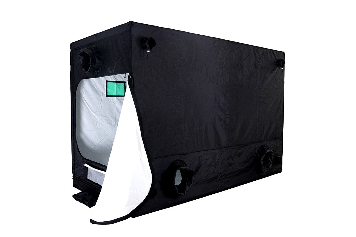BudBox Pro Tent 150x300x200cm White with the end door open, showing the PRO White lining
