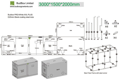 BudBox Pro Tent 150x300x200cm dimensioned schematic showing the doors, port positions and frame parts