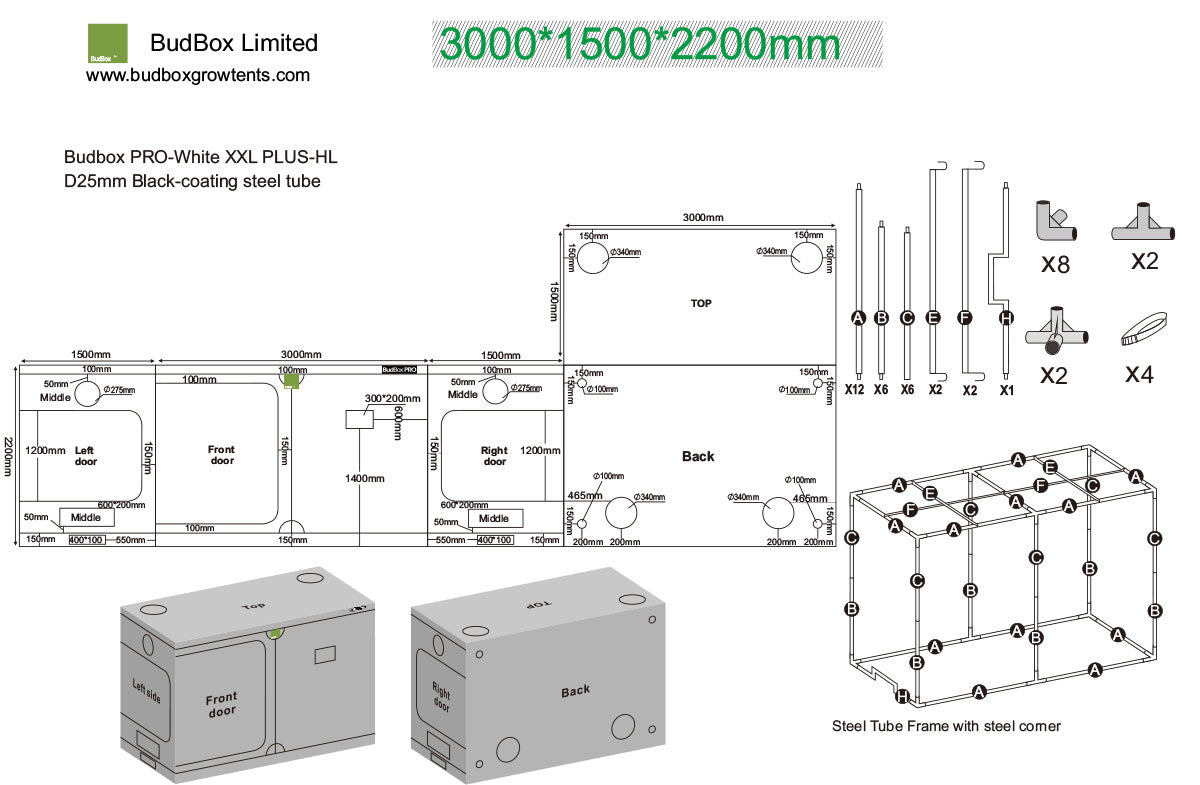 BudBox Pro Tent 150x300x220cm dimensioned schematic showing frame parts, port sizes and full external dimensions