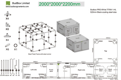 BudBox Pro Tent 200x200x220cm dimensioned schematic showing frame parts, port sizes and full external dimensions